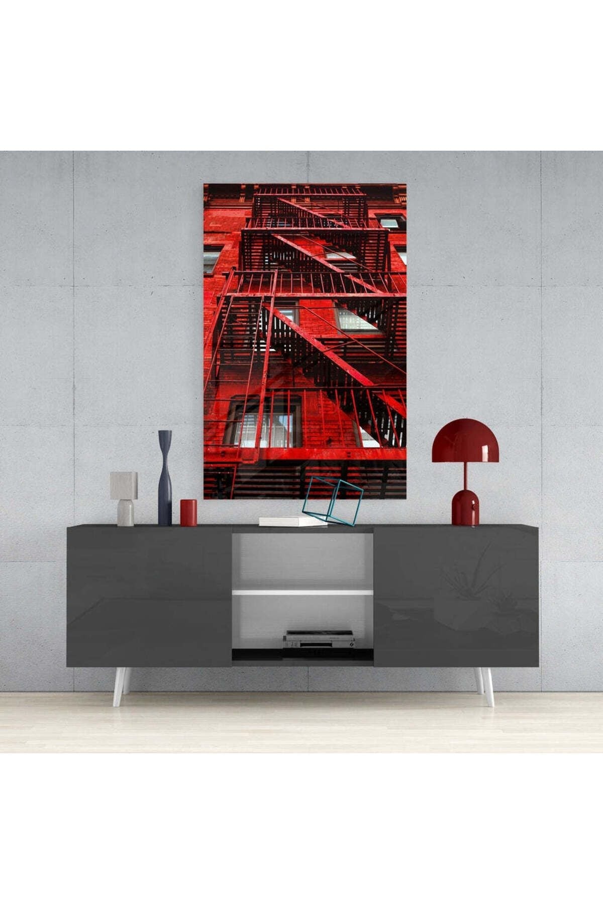 Kırmızı Merdivenler Cam Tablo