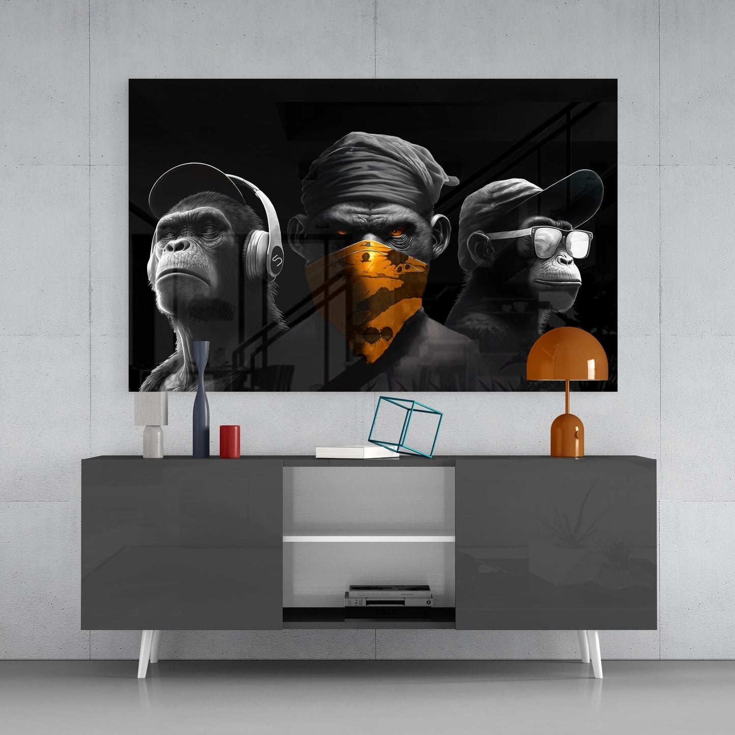3 Wise Monkeys Chrome Edition Glass Wall Art || Designers Collection