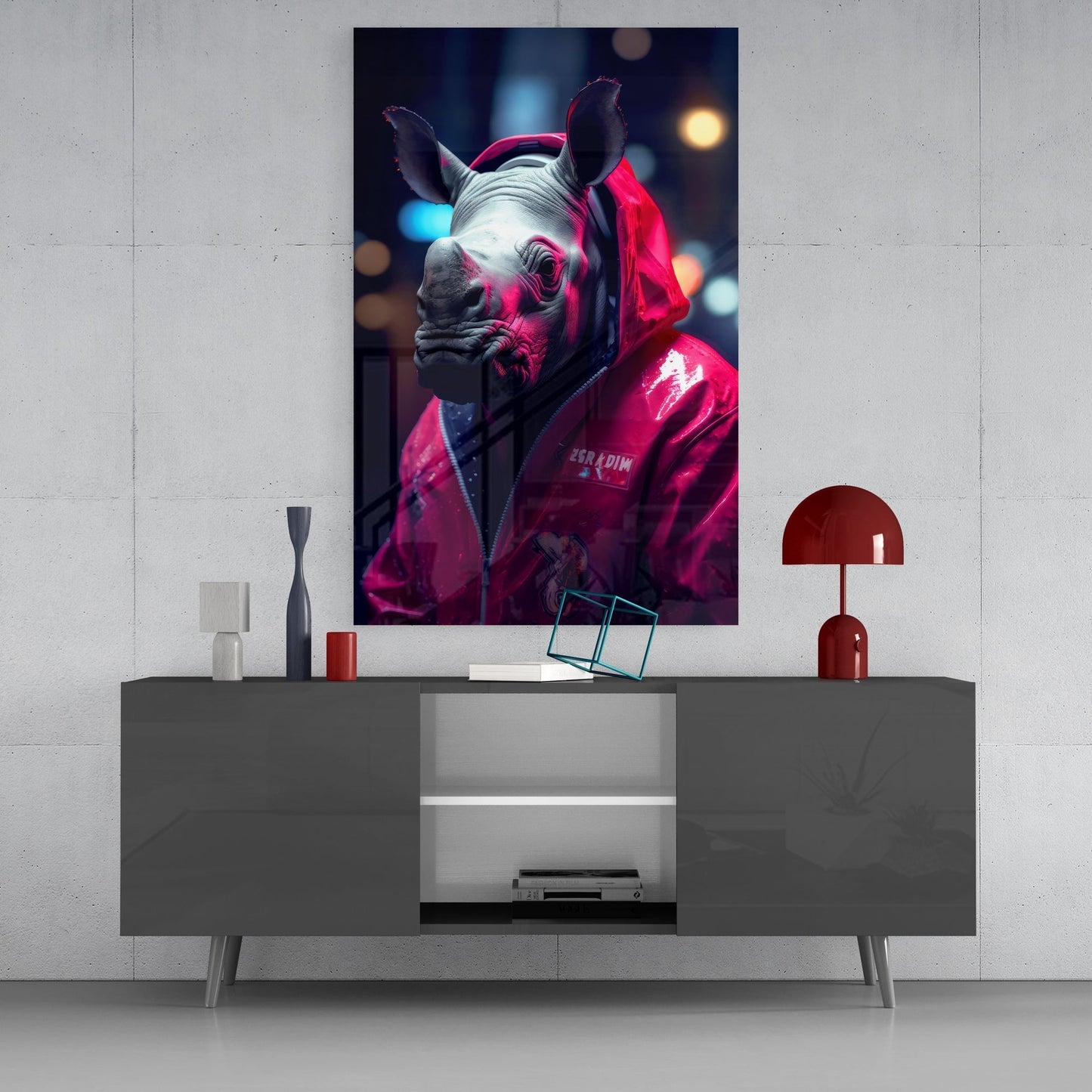 Rhino in Night Glass Wall Art || Designer's Collection