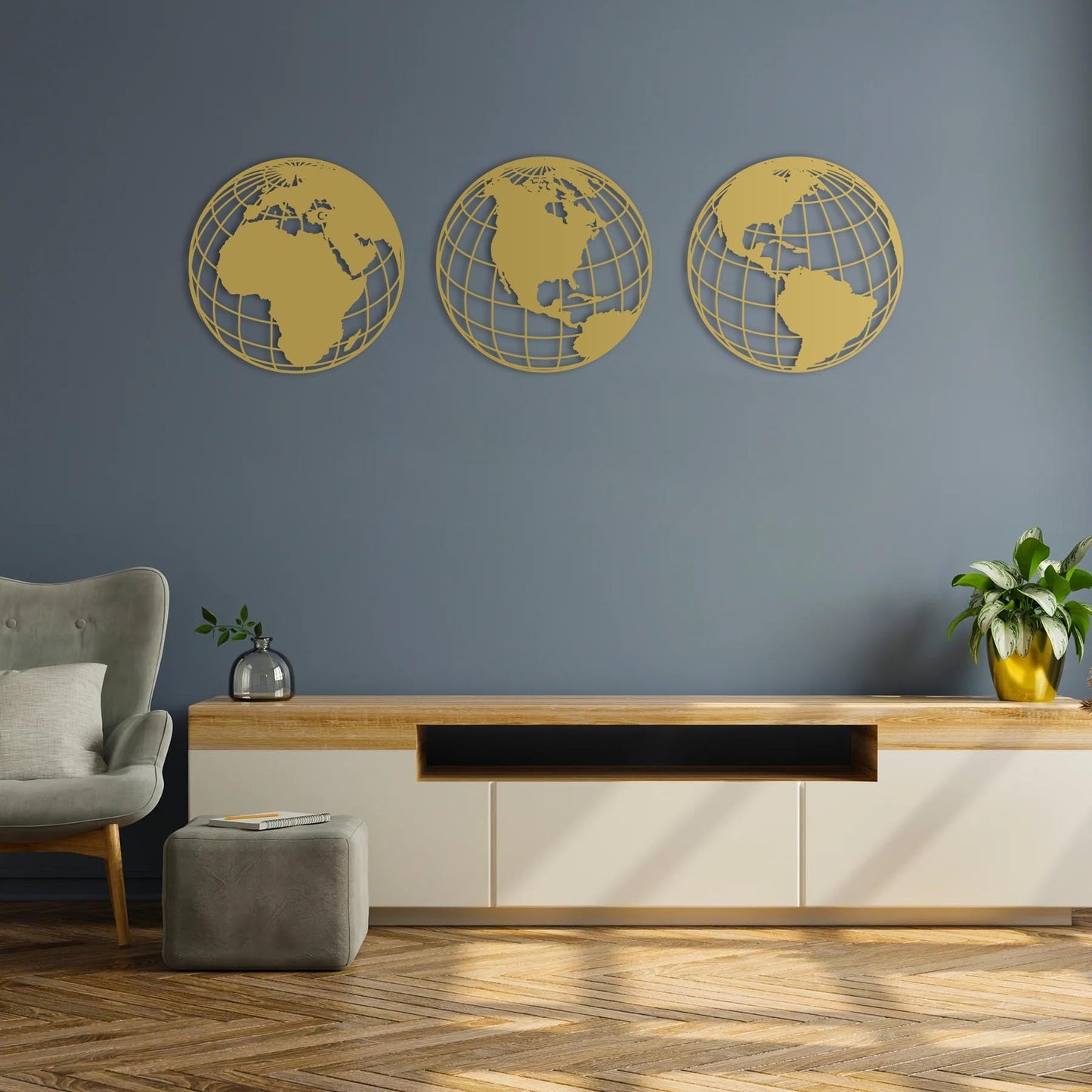 Triple Global World Map – Metal Sheet