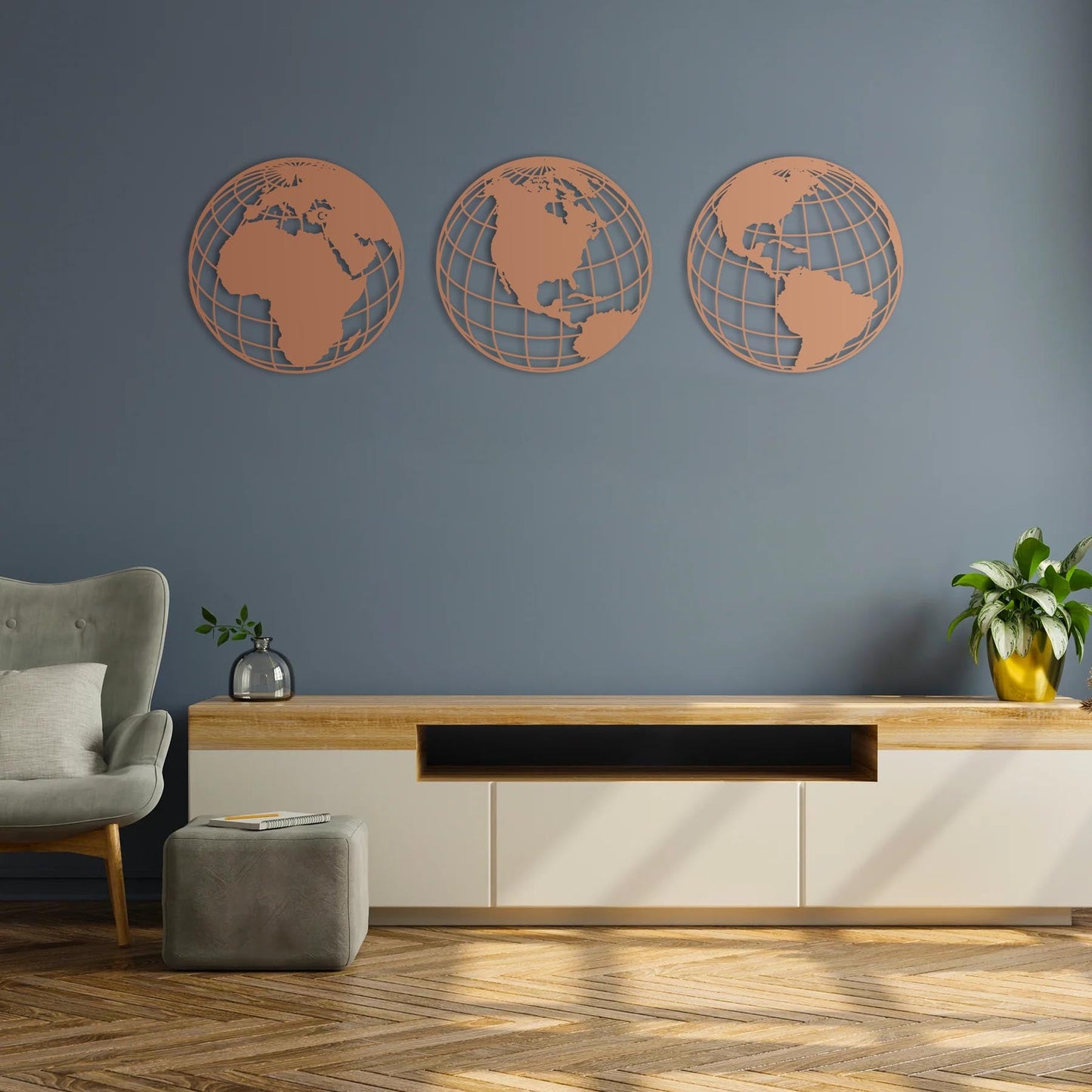 Triple Global World Map – Metal Sheet