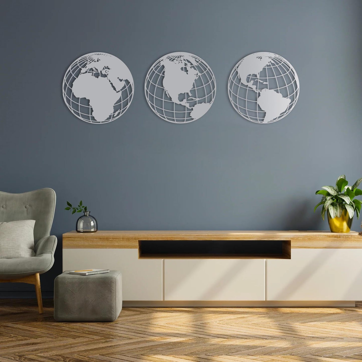 Triple Global World Map – Metal Sheet