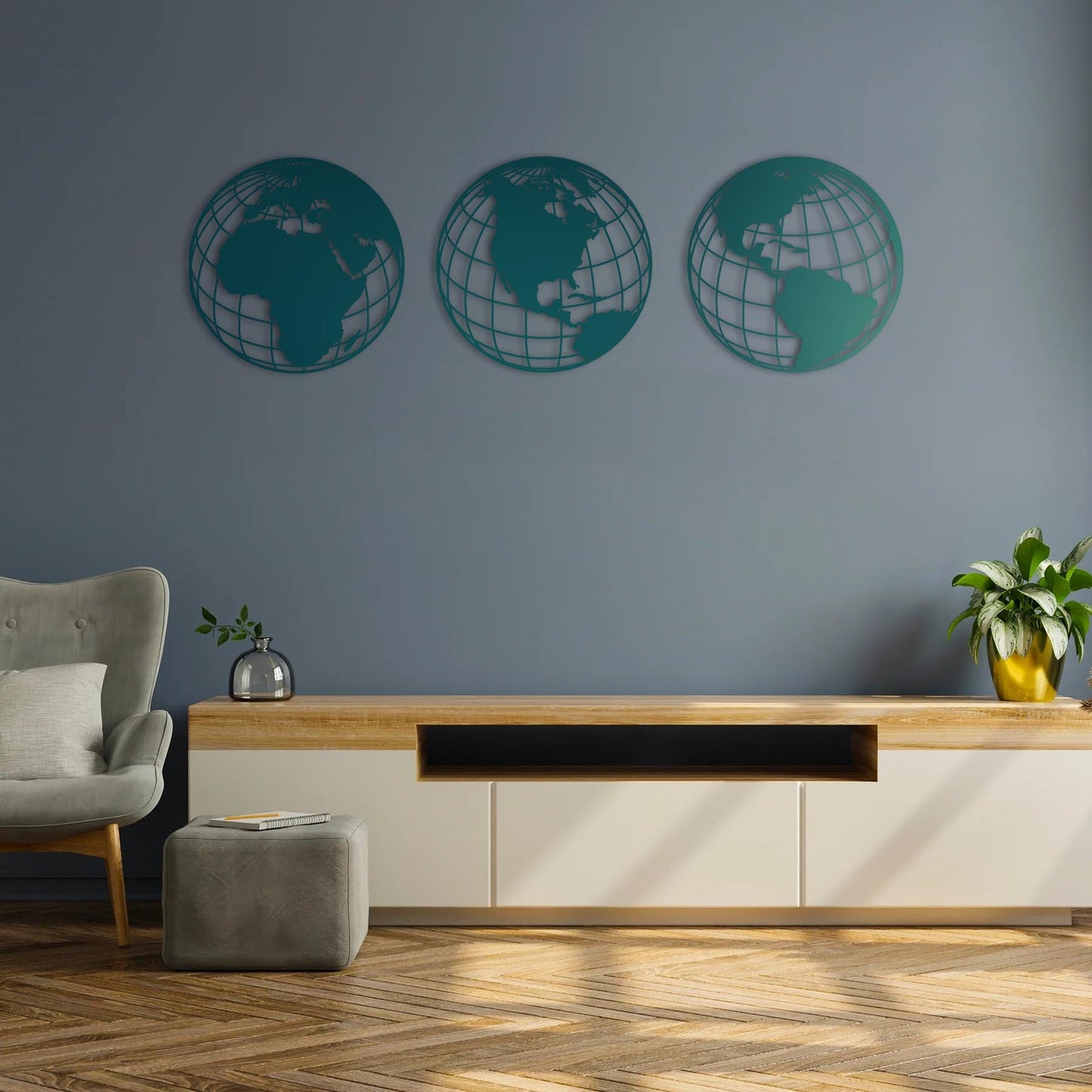 Triple Global World Map – Metal Sheet