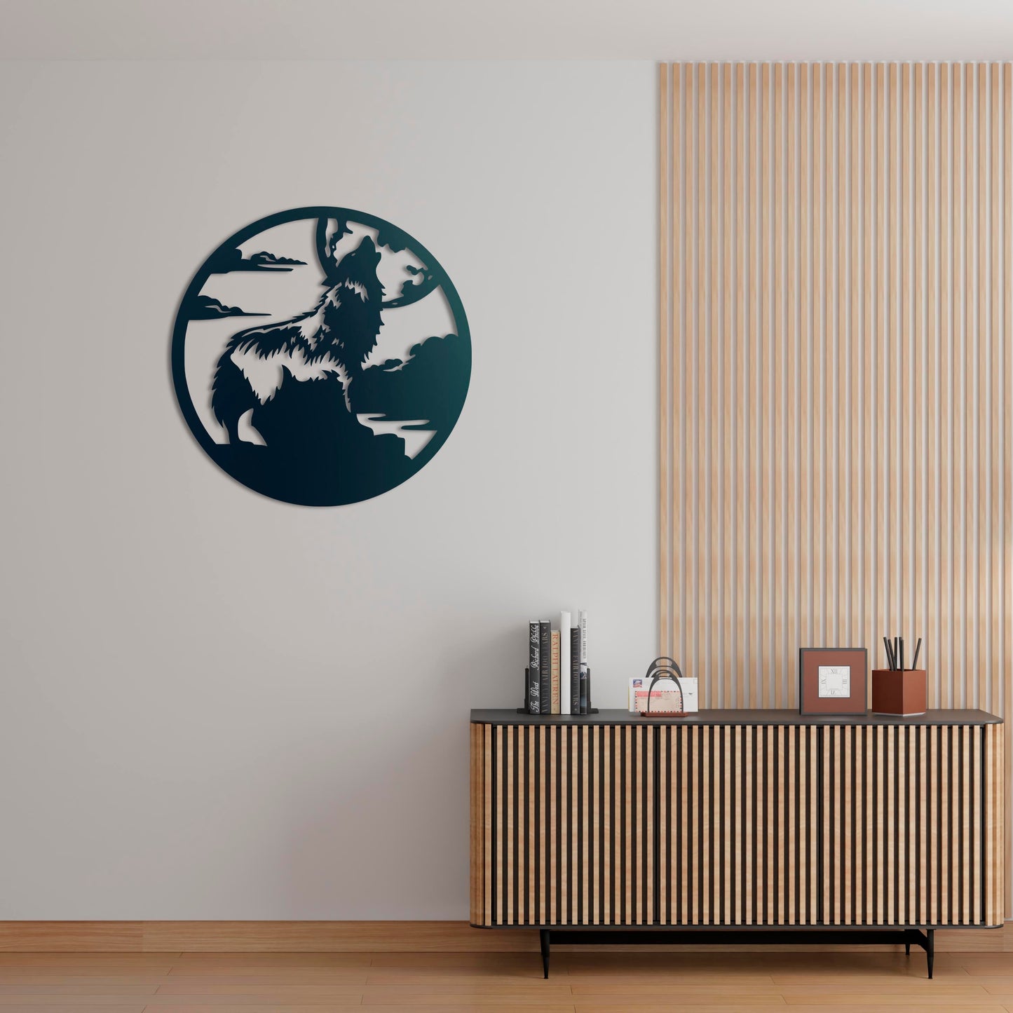 Wolf and Full Moon Metal Painting