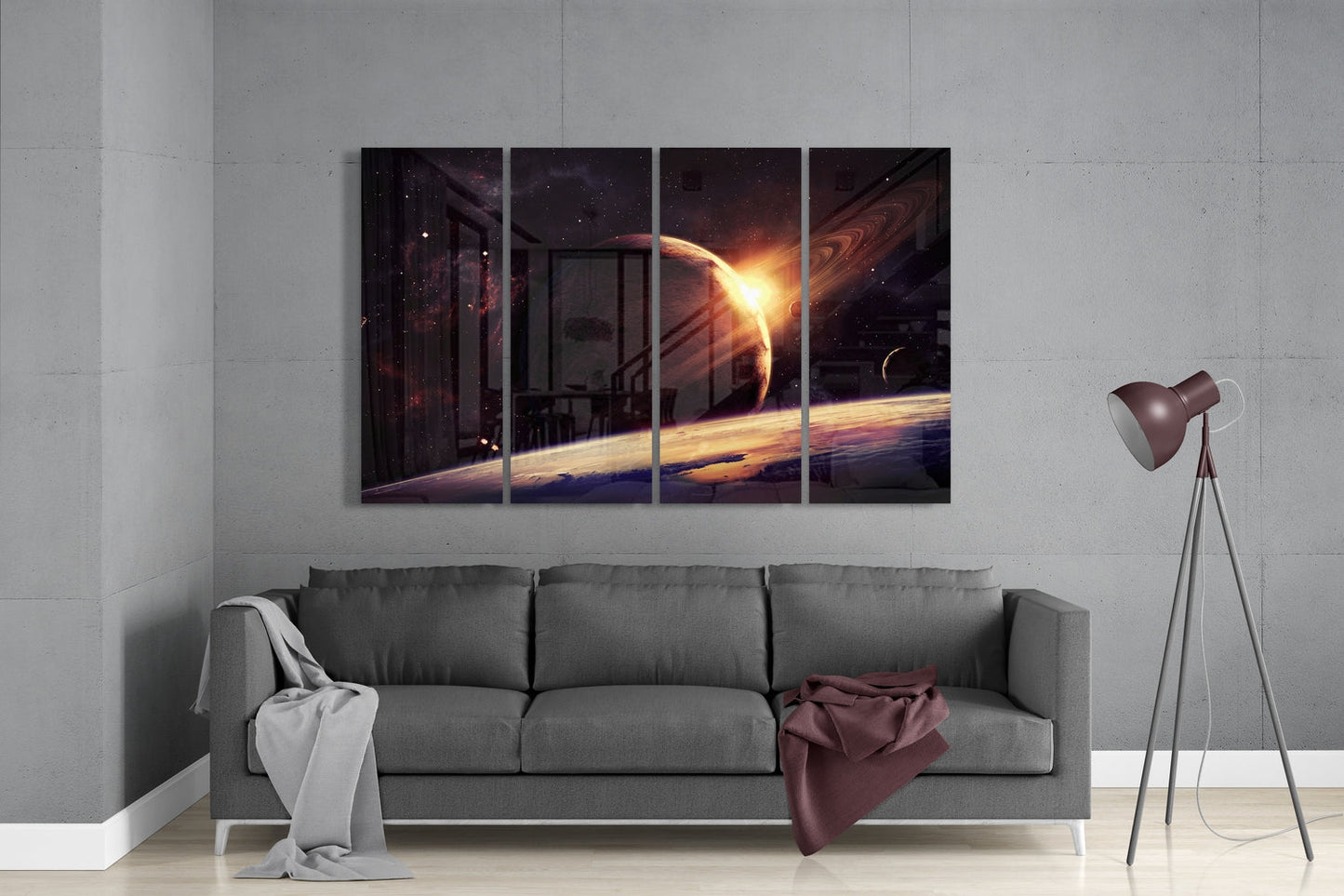 Uzayda Gün Batımı 4 Parça Mega Cam Tablo