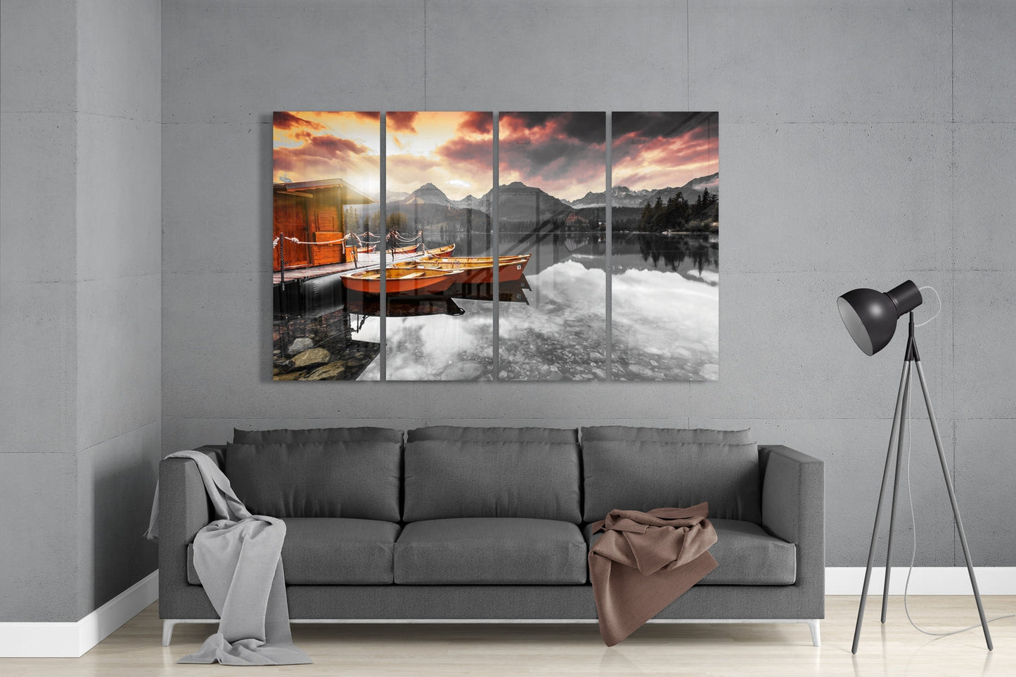 Gün Batımı Ve Tekneler 4 Parça Mega Cam Tablo