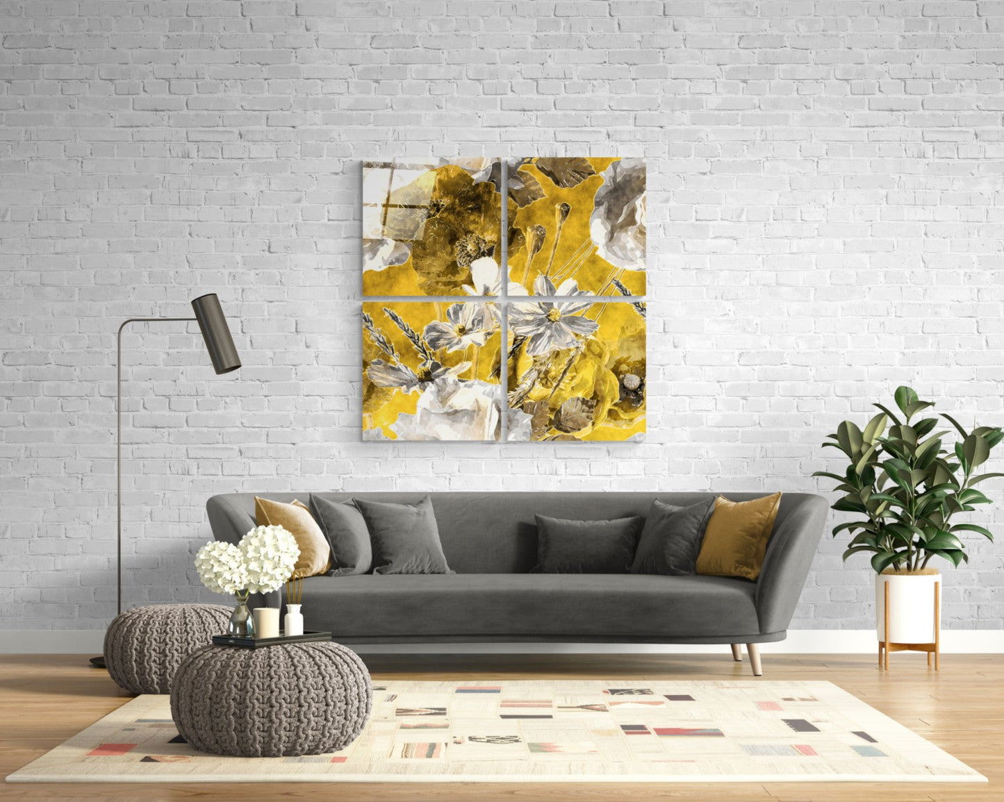 Sonbahar Çiçekleri Quadro 4 Parçalı Cam Tablo
