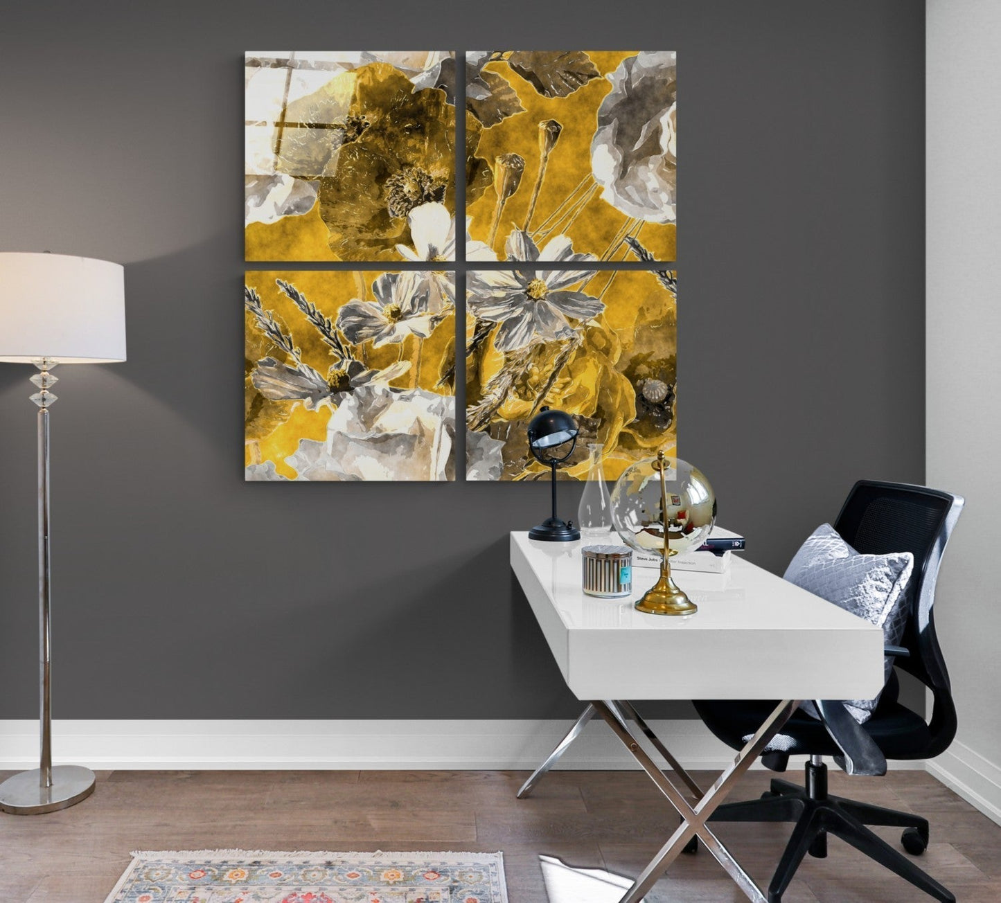 Sonbahar Çiçekleri Quadro 4 Parçalı Cam Tablo