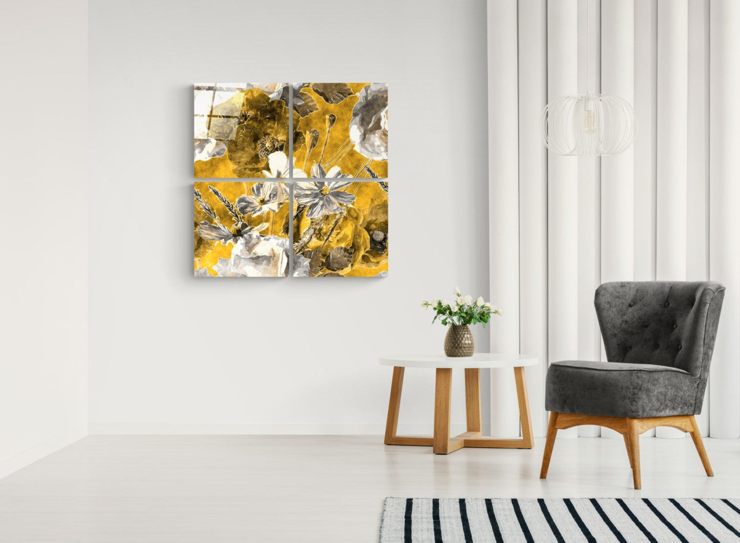 Sonbahar Çiçekleri Quadro 4 Parçalı Cam Tablo