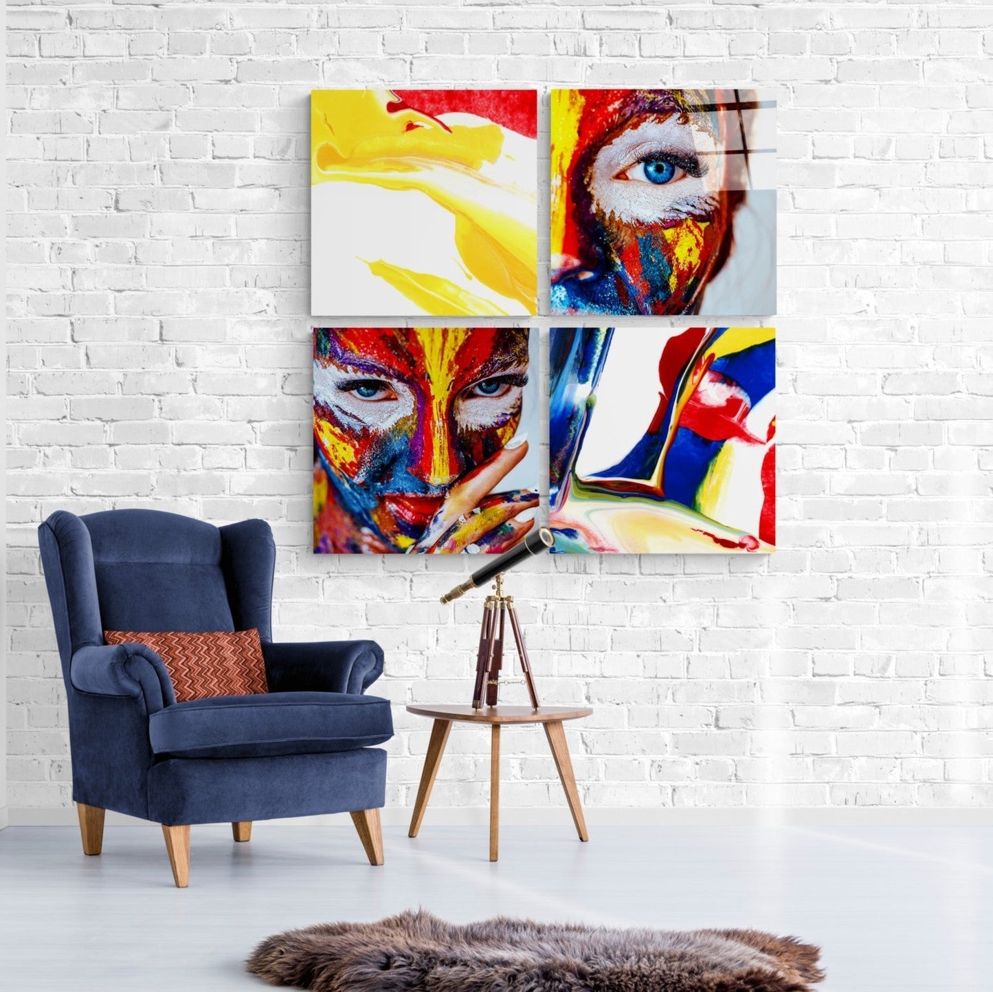 Kadın ve Kırmızı Quadro 4 Parçalı Cam Tablo