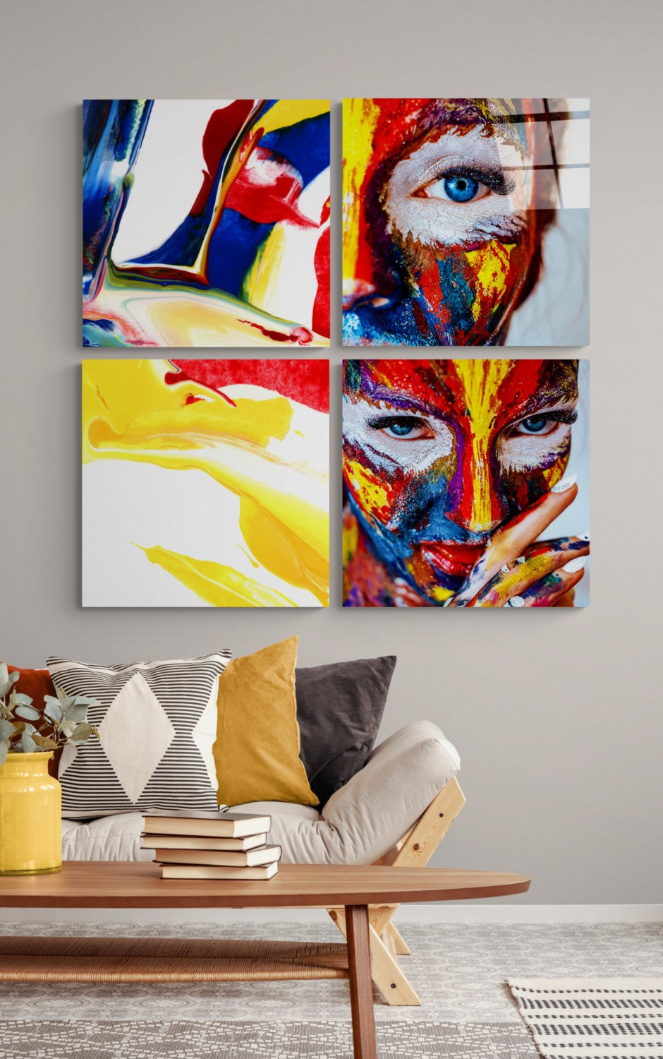 Kadın ve Kırmızı Quadro 4 Parçalı Cam Tablo