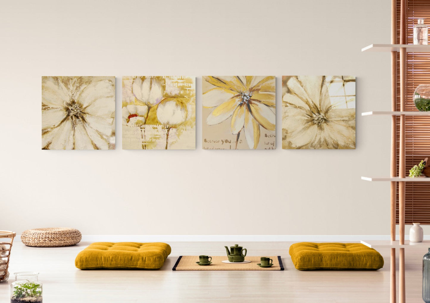 Sarı Çiçek Quadro 4 Parçalı Cam Tablo