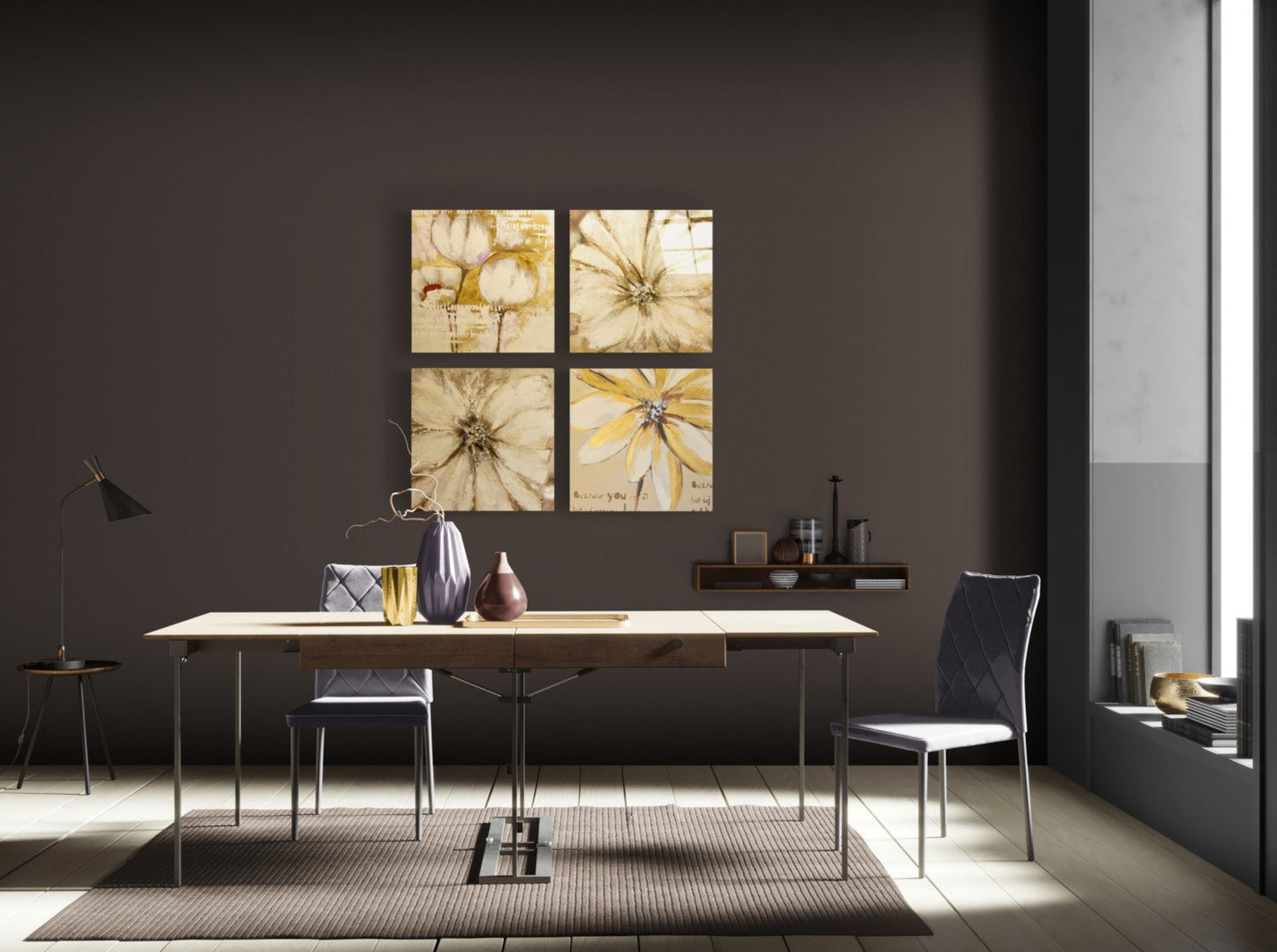 Sarı Çiçek Quadro 4 Parçalı Cam Tablo