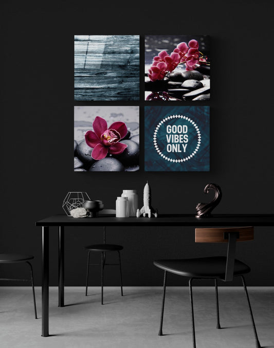 Orkideler ve Taşlar Quadro 4 Parçalı Cam Tablo