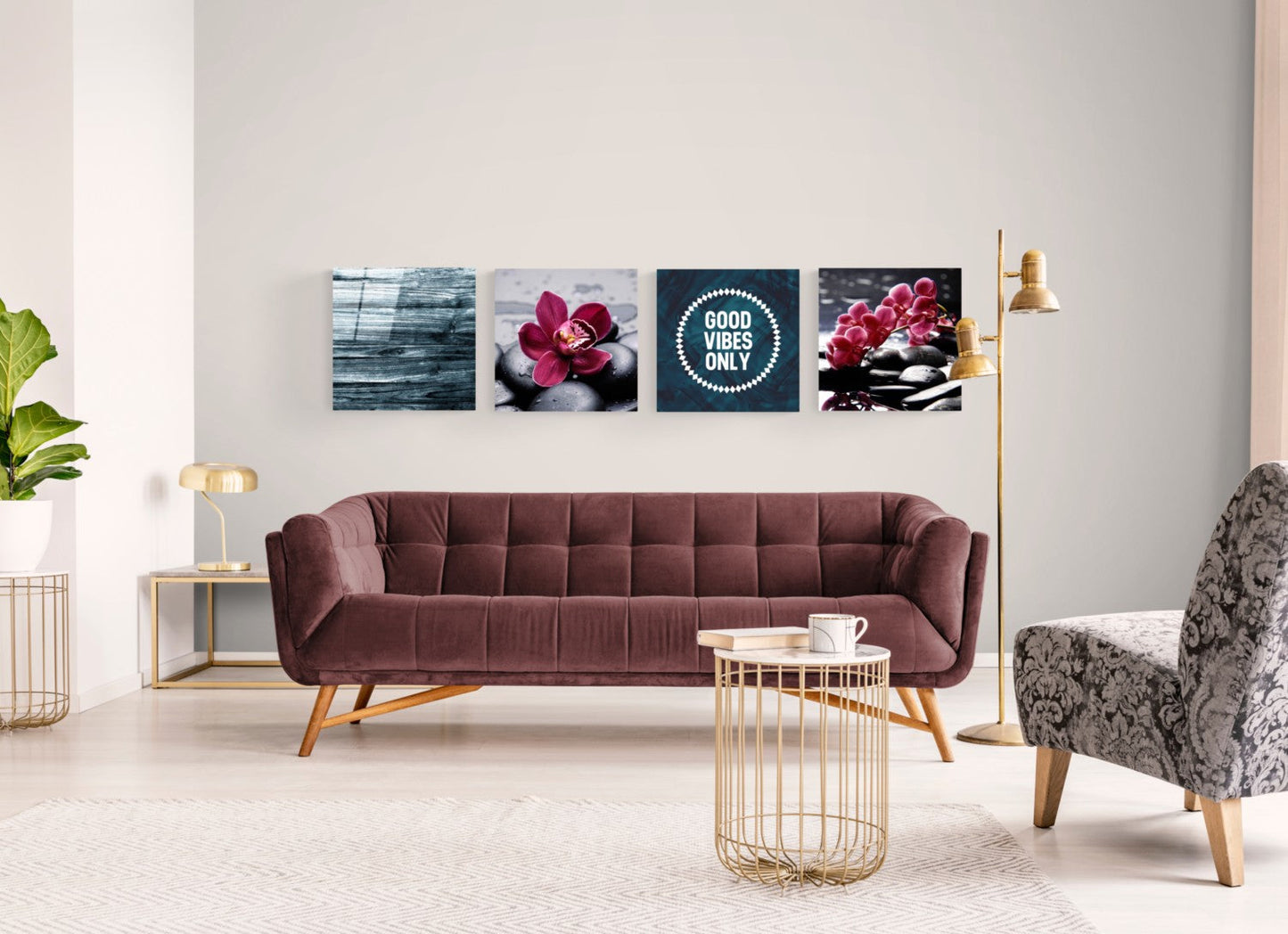 Orkideler ve Taşlar Quadro 4 Parçalı Cam Tablo