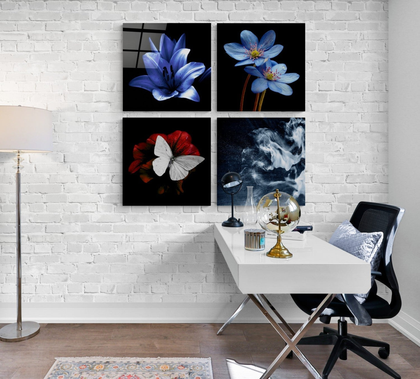 Çiçekler Quadro 4 Parçalı Cam Tablo