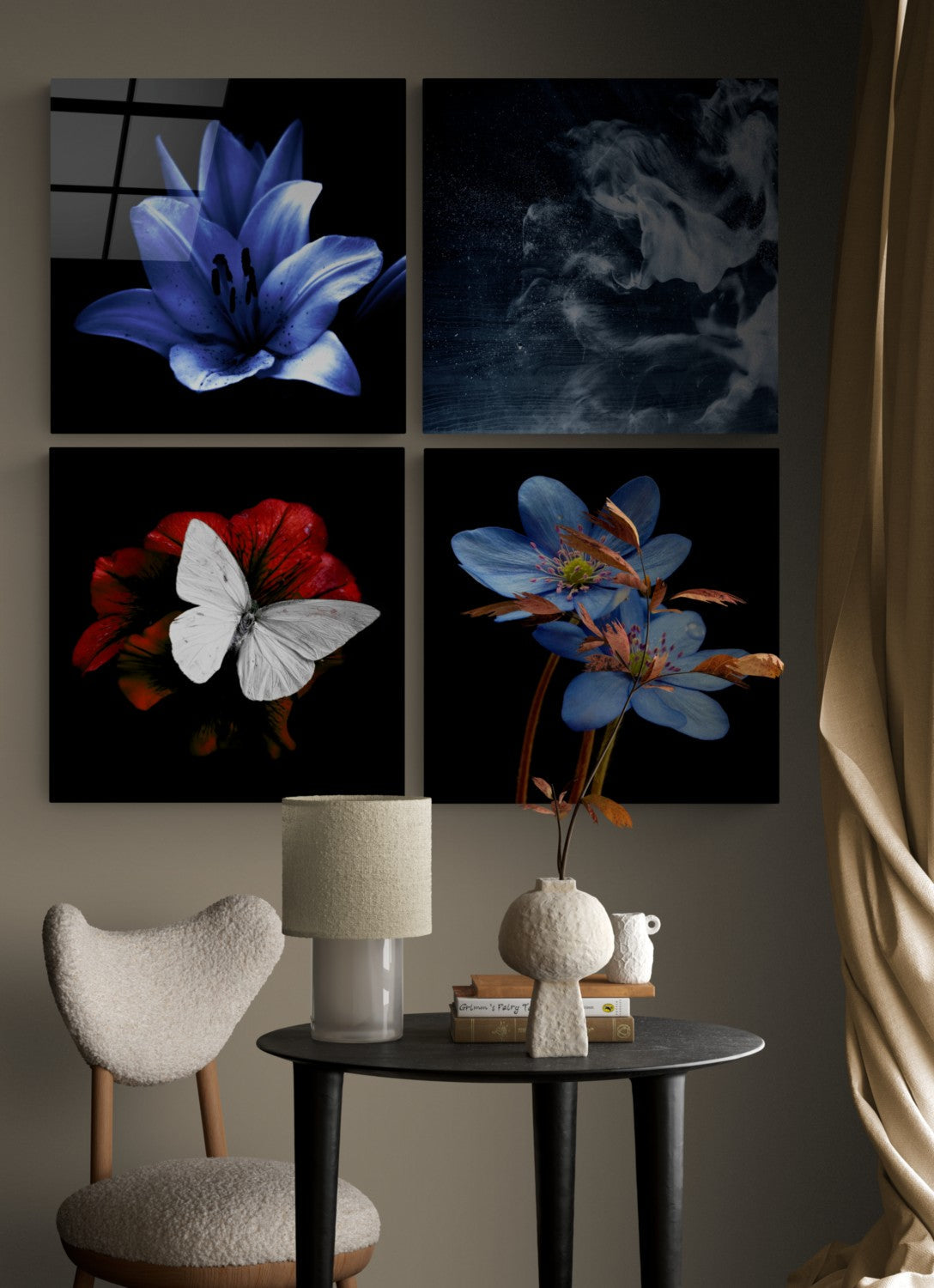 Çiçekler Quadro 4 Parçalı Cam Tablo