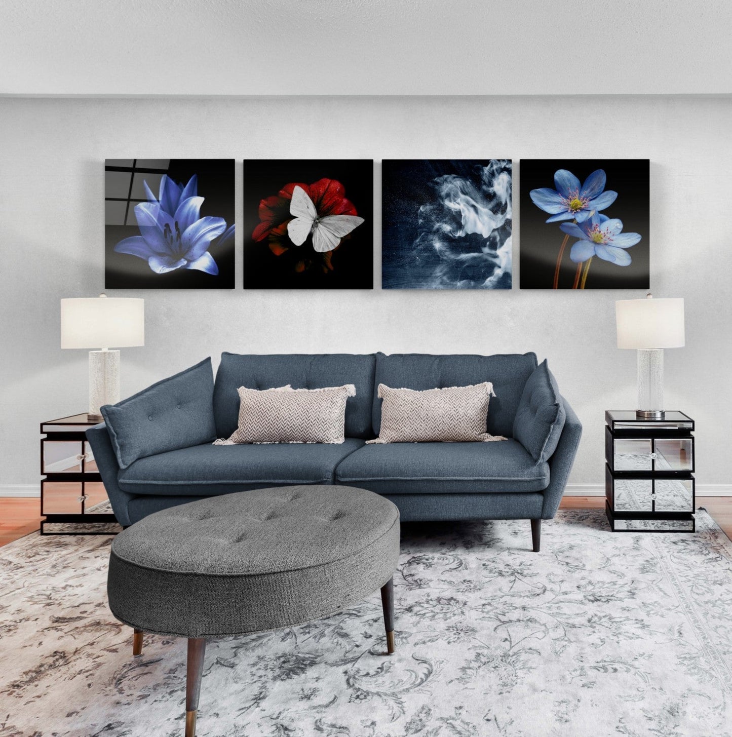 Çiçekler Quadro 4 Parçalı Cam Tablo