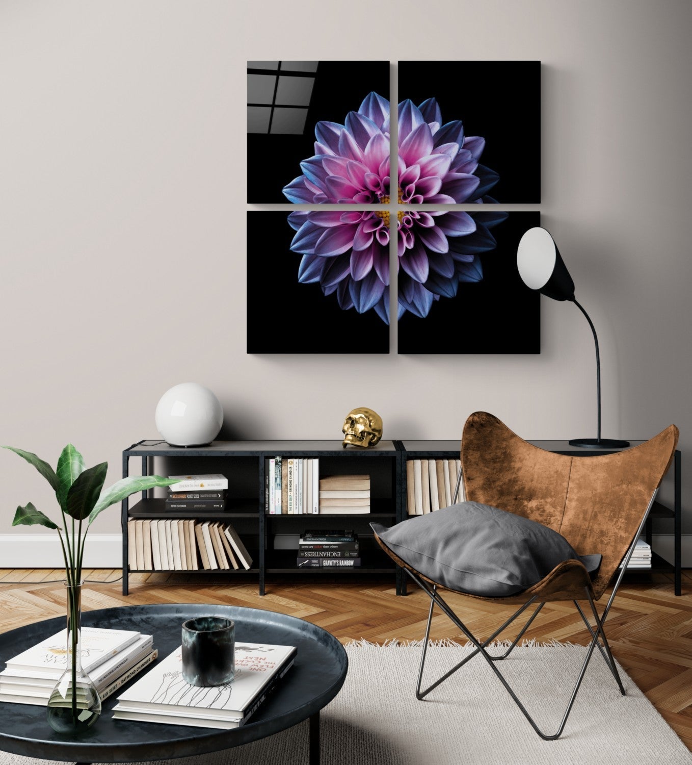 Mor Krizantem Quadro 4 Parçalı Cam Tablo