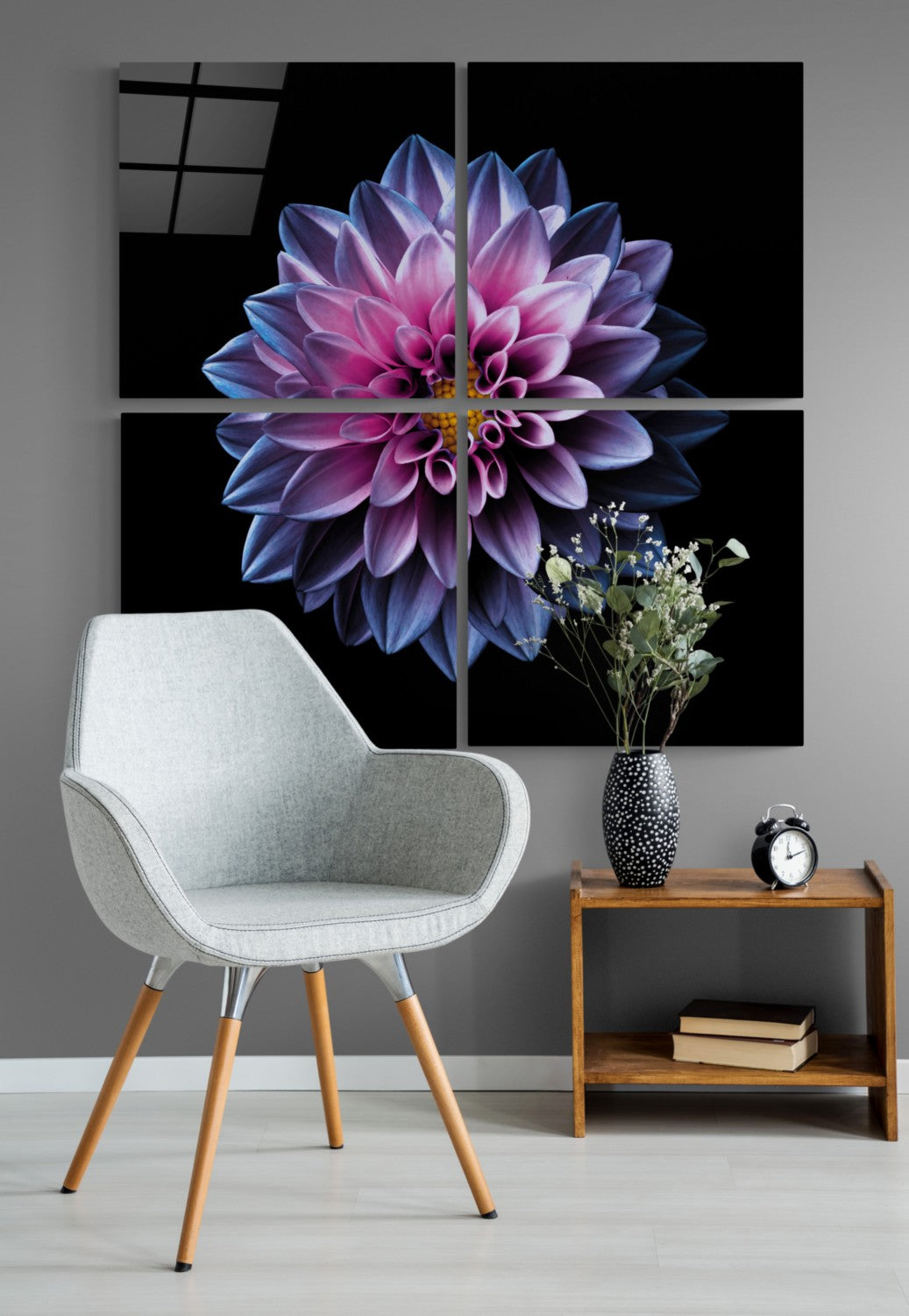 Mor Krizantem Quadro 4 Parçalı Cam Tablo