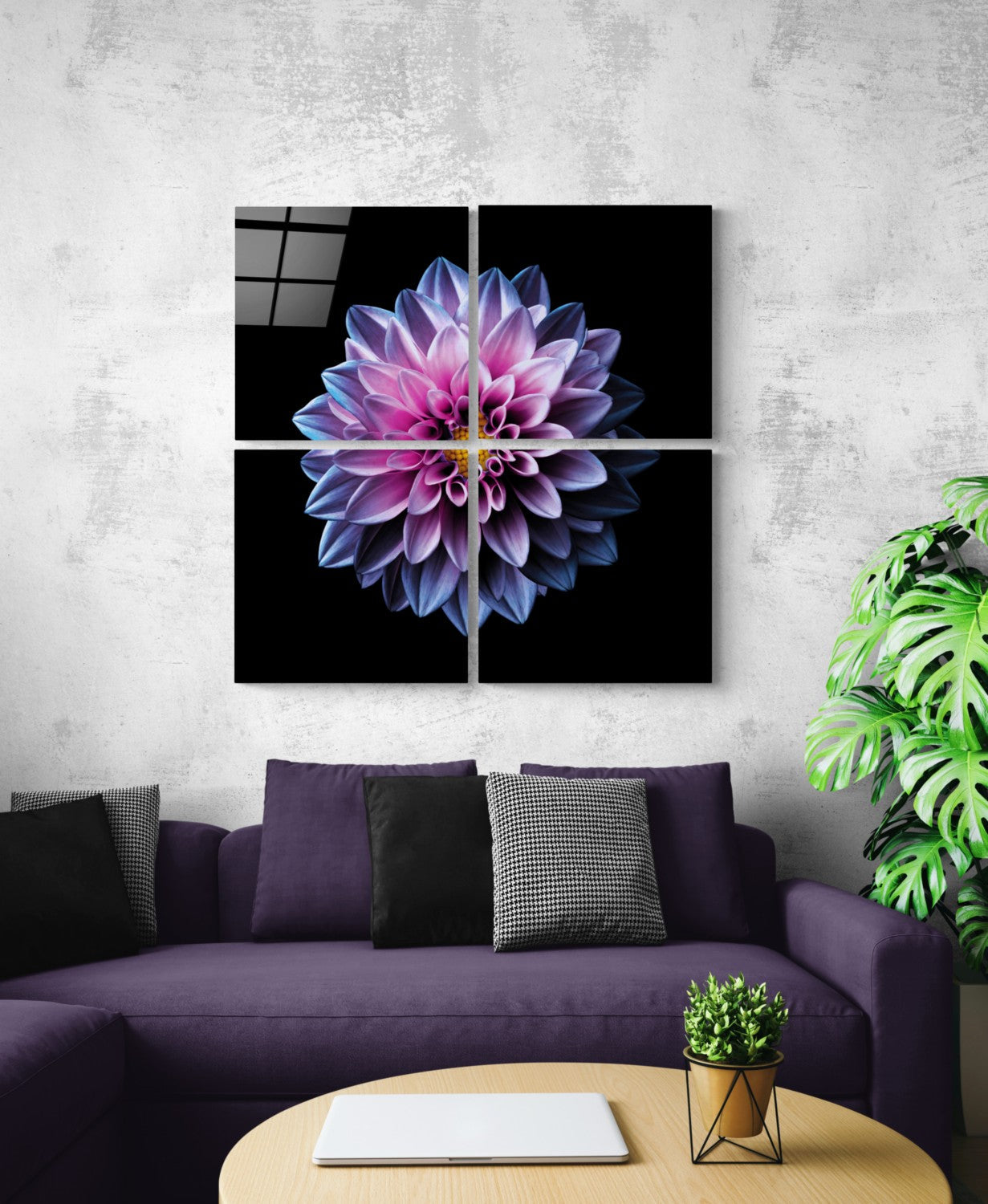 Mor Krizantem Quadro 4 Parçalı Cam Tablo
