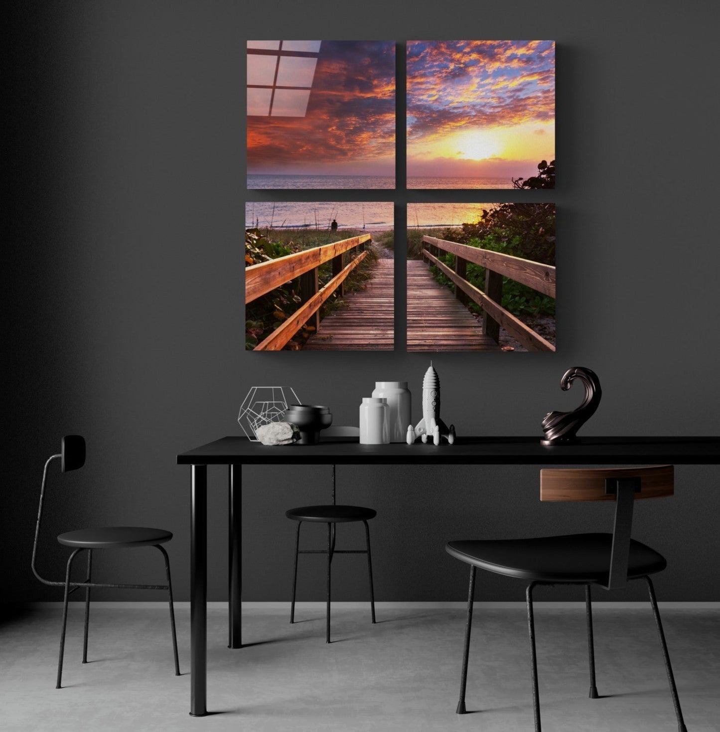 Ufuk Çizgisi Quadro 4 Parçalı Cam Tablo