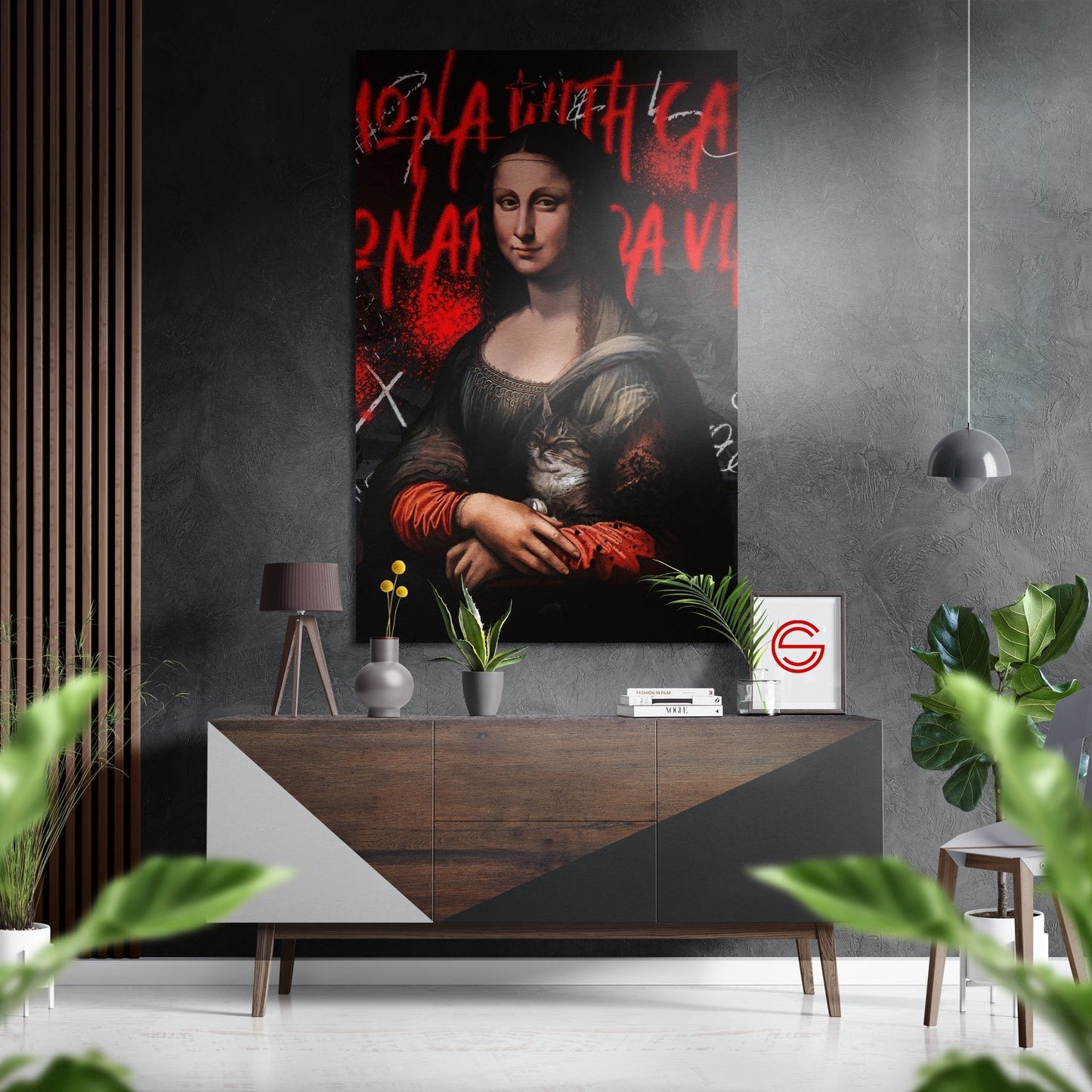 Mona Lisa Ve Kedi Fırçalı Metalik Alu-Dibond