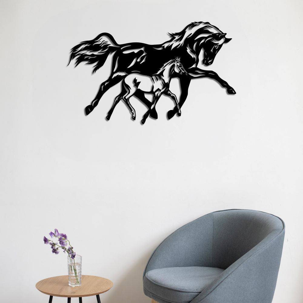 Traces of Freedom: Mother and Her Baby Horse Metal Painting