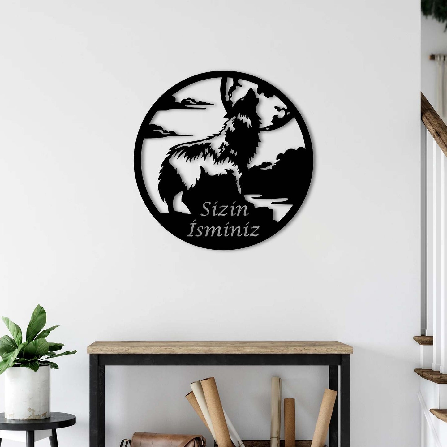 Wolf and Full Moon Metal Painting