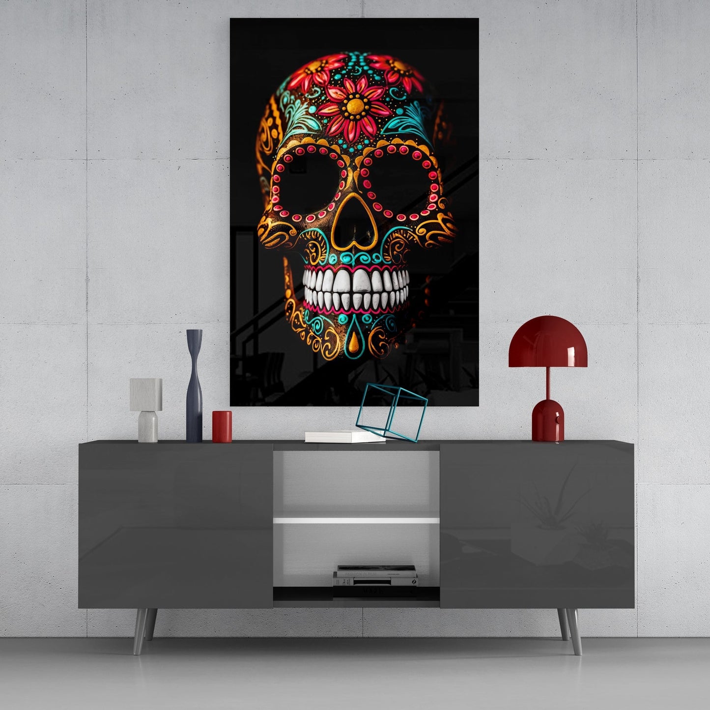 Flowery Skull Glass Wall Art || Designer's Collection