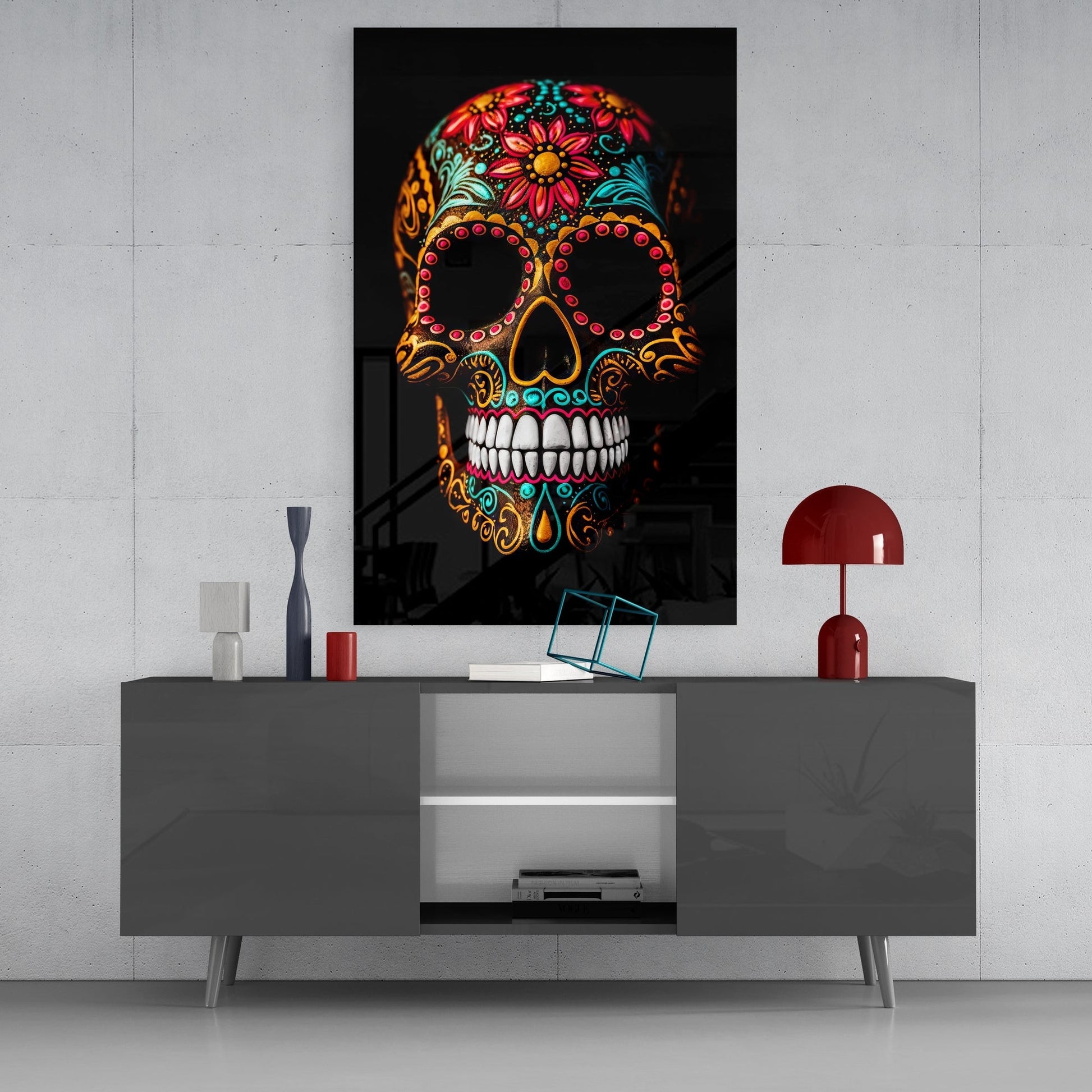 Flowery Skull Glass Wall Art || Designer's Collection