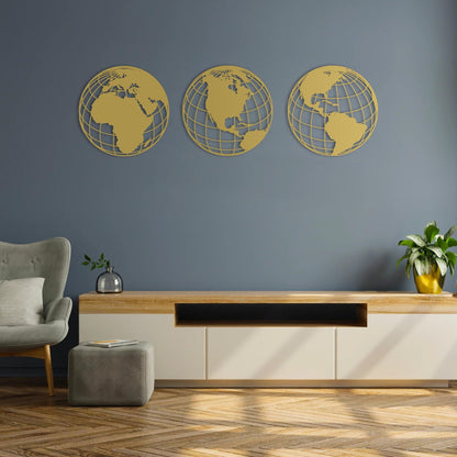 Triple Global World Map – Metal Sheet