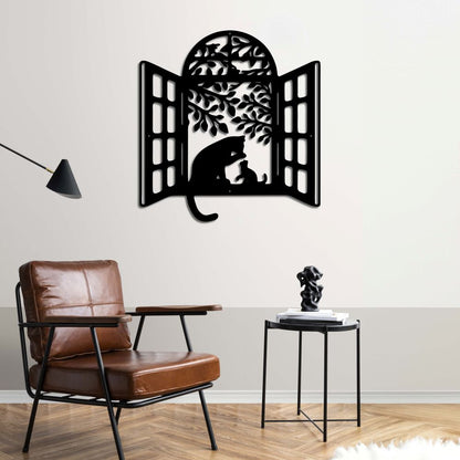 Penceredeki Dostluk Kediler Metal Tablo