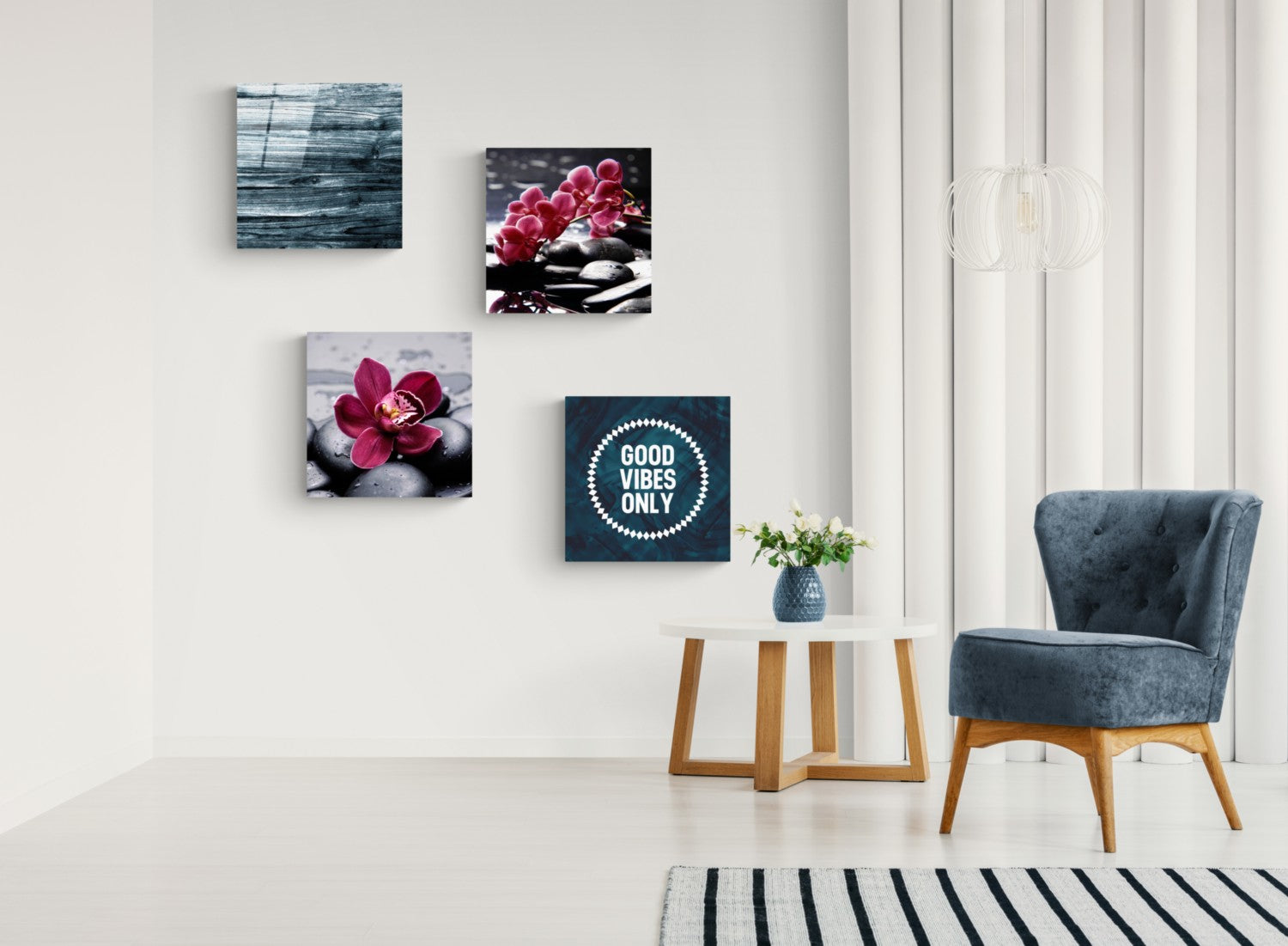 Orkideler ve Taşlar Quadro 4 Parçalı Cam Tablo