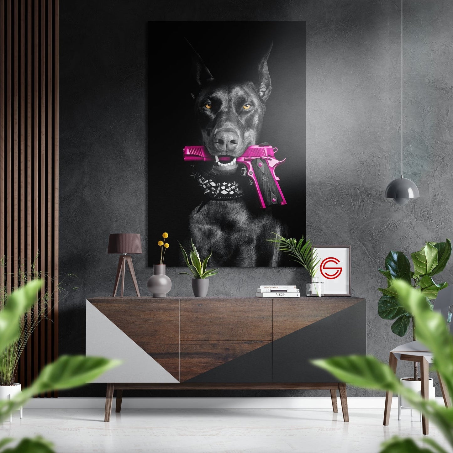 Köpek Ve Silah Fırçalı Metalik Alu-Dibond